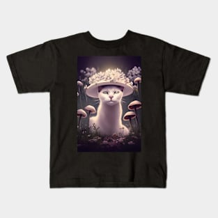 White Cat Under a Floral Mushroom | White cat with green eyes | Digital art Sticker Kids T-Shirt